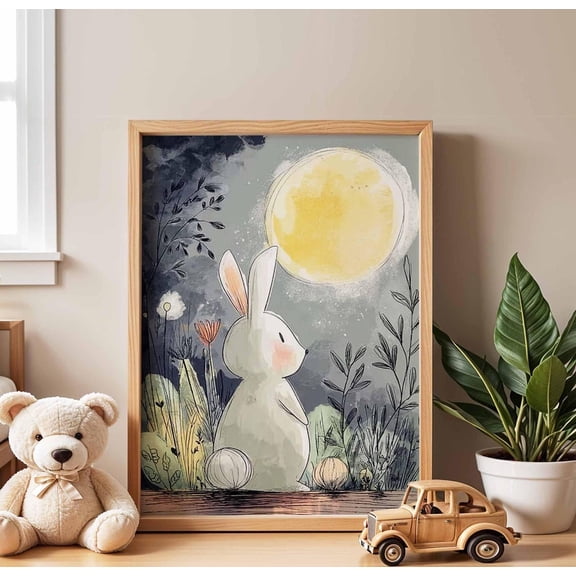 Moon Bunny Nursery Whimsical Rabbit Night Sky Animal Baby Shower Art, Unframed Canvas 16x20in