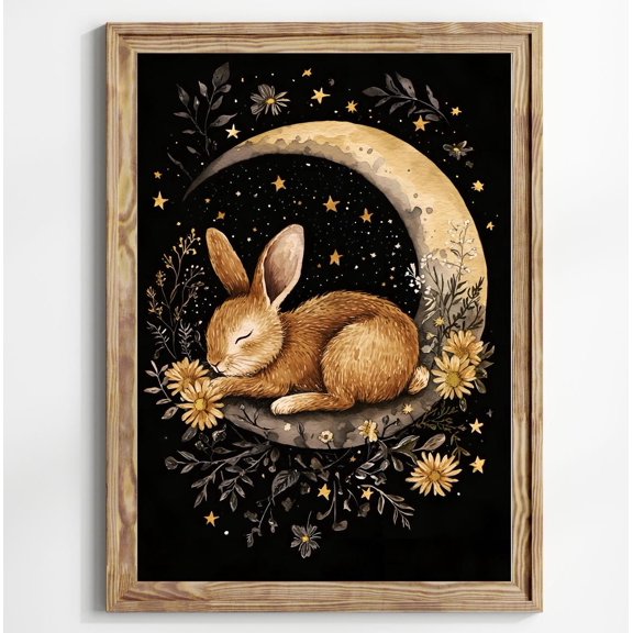 Moon Bunny Wall Art Whimsical Sleeping Rabbit Print Woodland Nursery Decor Celestial Animal
