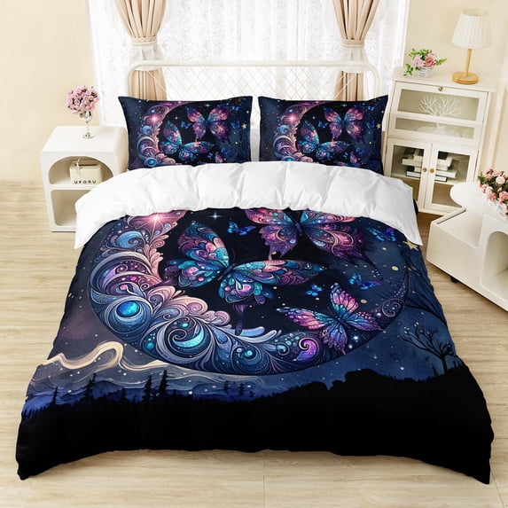 Moon with Butterfly Duvet Cover Set, Starry Galaxy Bedding Set for Boys,Girls,Boho Hippie Pattern Comforter Cover,Night Forest Duvet Cover,3-Piece, 1 Quilt Cover + 2 Pillowcases