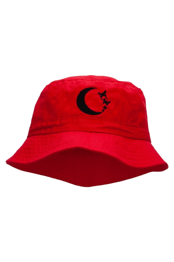 Moon Butterfly Embroidered Bucket Hat - Red OSFM