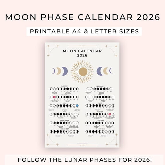 Moon Calendar 2026 | Printable Moon Calendar | Moon Calendar Poster | Lunar Calendar 2026, Unframed Paper Poster 8x10in