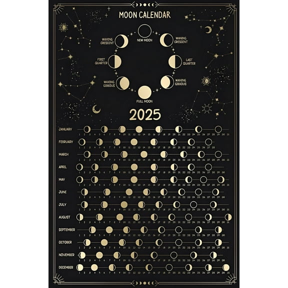 Moon Calendar Lunar 2025 PosterInches  Lunar Phases, Moon Light, Zodiac, Celestial Calendar, Moon Tracker, Lunar Cycle poster