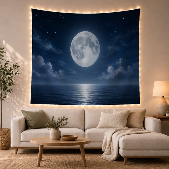 Moon Over Calm Ocean with Stars and Silver Reflection, Serene Celestial for Ocean Lovers, Night Sky Wall Art, Housewarming Gift, Tapestry Wall Hanging for Bedroom and Living Room
