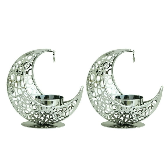 Moon Candle Holders Set Of 2, Metal Tealight Candle Holder for Table Centerpiece, Decorative Votive Candlesticks Holder for Party Home Decor (Silver)