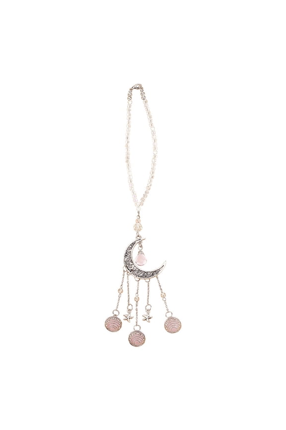 Moon Car Hanging Ornament Natural Car Mirror Dangling Accessories Pink Glass Bead Rear View Mirror Charm Alloy Moon Pendant Decoration for Interior Door Balcony Home Decor DIY