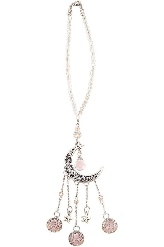 Moon Car Hanging Ornament Natural Crystal Car Mirror Dangling Accessories Pink Glass Bead Rear View Mirror Car Charm Alloy Moon Pendant Decoration for Car Interior Door Balcony Home Decor DIY