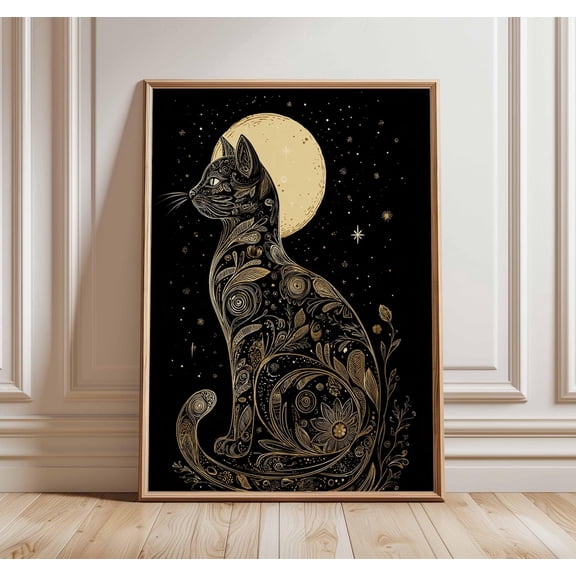 Moon Cat Celestial Wall Art Print, Unframed Paper Poster 8x10in