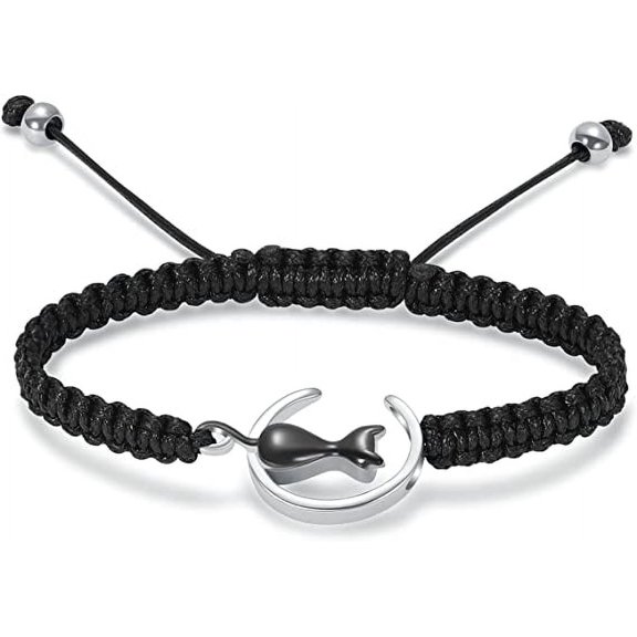 Moon & Cat Cremation Urn Bracelet for Pet Ashes Adjustable Handmade Braided Rope Bangle Cat Urn Bracelet Women Cremation Jewelry for Ashes