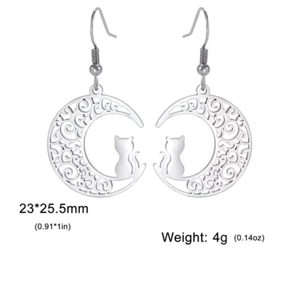 Moon Cat Drop Earrings Stainless Steel Filigree Witchy Pendant Earrings Jewelry