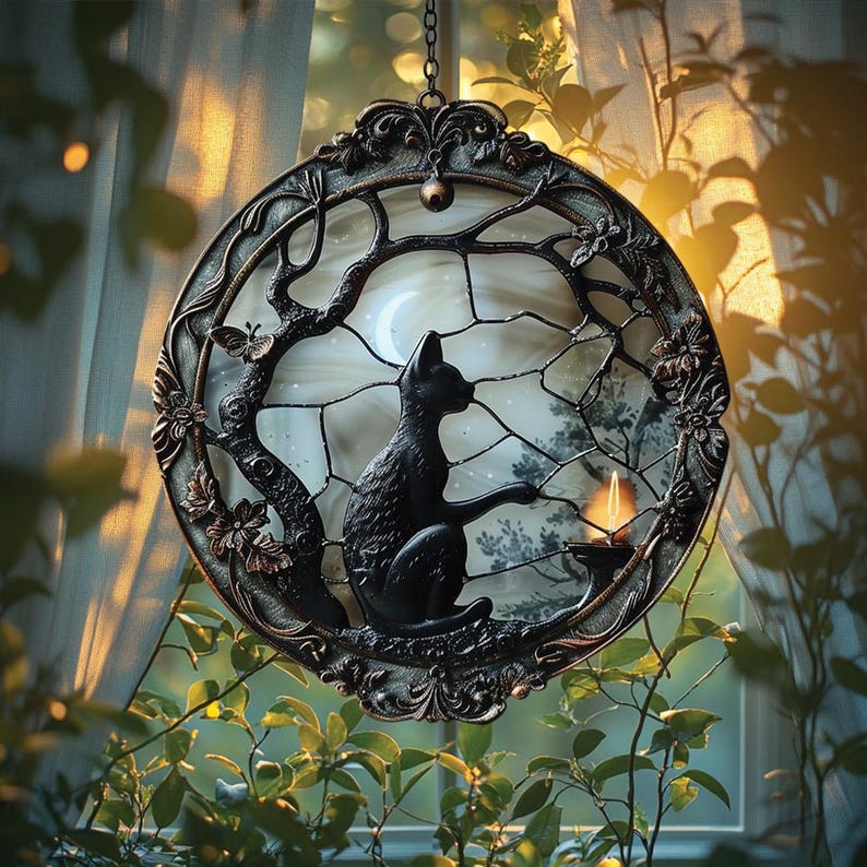 Moon Cat Faux Stained Glass Suncatcher, Acrylic Black Cat Window Decor ...