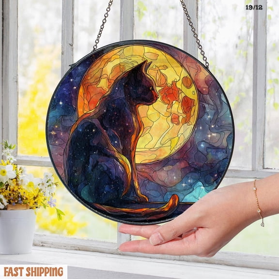 Moon Cat Glass Suncatcher, Crescent Moon Window Hanging, Cat Lover Home Decor, 6.3 in