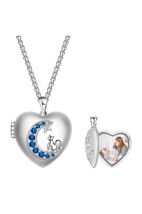Moon Cat Heart Locket Necklace for Women, Silver Plated Photo Locket with Blue Zircon, Personalized Gifts Jewelry Gifts for Birthday Mother's Day Christmas