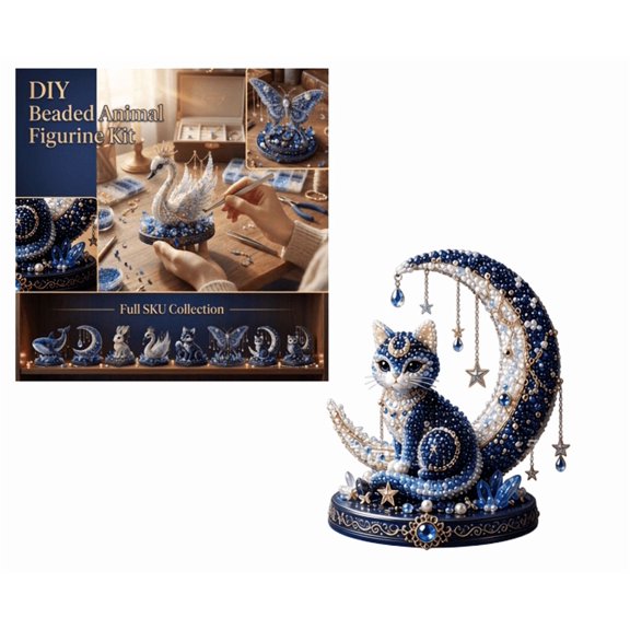 Moon Cat Luna Guardian DIY Bead Kit, 3D Beaded Celestial Moon & Stars Series DIY Kit, Tiny 3D Beaded Craft Kit, Handmade Magical Cat Kit for Beginner, Home Decor A