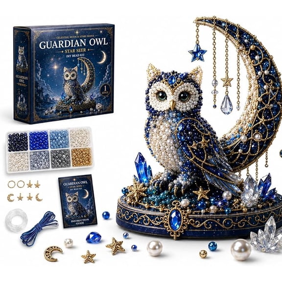 Moon Cat Luna Guardian DIY Bead Kit, 3D Beaded Celestial Moon Stars Series DIY Kit, Tiny 3D Beaded Moons Cat Luna Guardian Craft Kit, Handmade Magical Cat Kit for Beginner, Home Decor,Guradian Owl
