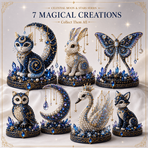Moon Cat Luna Guardian DIY Bead Kit, 3D Beaded Celestial Moon & Stars Series, Tiny 3D Handmade Cat Craft Kit, Beginner-Friendly Magical DIY Home Decor，A