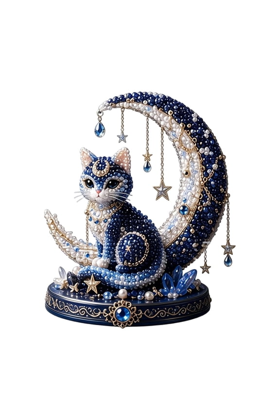 Moon Cat Luna Guardian DIY Bead Kit, Celestial 3D Crystal Beading Craft Set, Beginner Friendly Magical Handmade Desktop Ornament Project