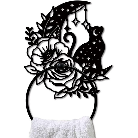 Moon Cat Metal Towel Ring Rose Flower Towel Holder Moon Star Polka Pattern Towel Ring Black Art Towel Rack Wall Mounted for DIY Bathroom Kitchen Towel Hanger Home Decors Gift