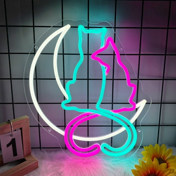 Moon Cat Neon Signs for Wall Decor, Cute Cat Led Sign, USB LED Light Sign for Bedroom Decor, Neon Sign Gift for Girls, Light Up Sign for Birthday Party Decoration