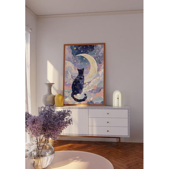 Moon Cat Nursery Dreamy Celestial Room Art, Unframed Paper Poster 8x10in