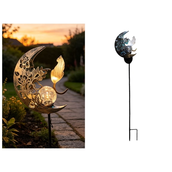 Moon Cat Solar Garden Stake Light Waterproof Half Moon LED Pathway Decor Crackle Glass Globe Ball Metal Crescent for Outside Yard Patio Lawn Outdoor Decor