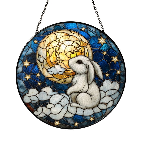 Moon Cat Stained Glass Suncatcher Window Hanging, Cute Feline Sitting on Crescent Moon Decorative Glass Style Panel, Starry Night Sky Window Decor Art, Fantasy Animal Theme Home Window Ornament