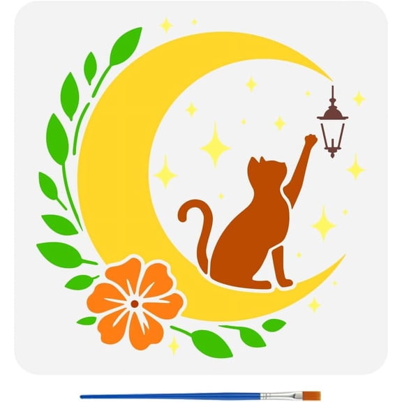 Moon Cat Stencil for DIY Painting 11.8x11.8 inch Hollowed Cute Cats Template with Brush Reusable Stars Light Painting Stencil Flower Leaves Template Animal Theme Stencil for DIY Furniture Decor