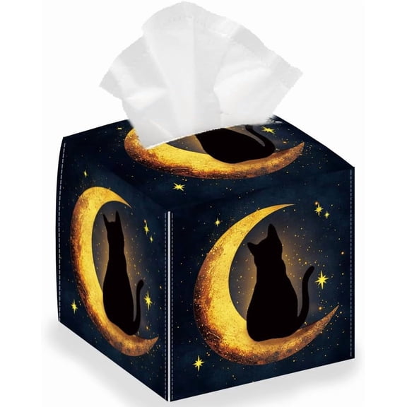 Moon Cat Tissue Box Holder Starry Sky Square Tissue Box Cover Foldable Tissue Storage Box Waterproof Paper Towel Case Container Organizer Tissue Box Holder for Bedroom Office Car