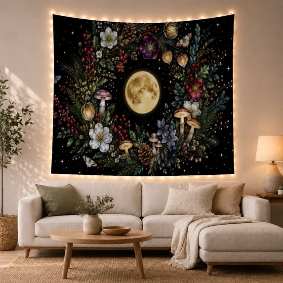 Moon Centerpiece With Botanical Wreath on Black, Mystical Fantasy for Night Sky Enthusiasts, Celestial Forest Wall Art, Housewarming Gift Tapestry Wall Hanging for Bedroom and Living Room