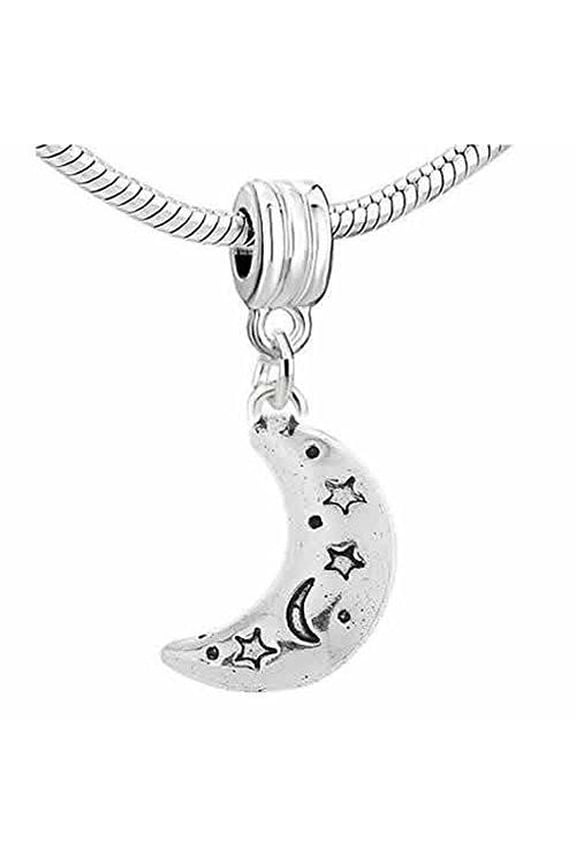 Moon Charm with Carved Stars and Moon Dangle European Bead Compatible for Most European Snake Chain Bracelet