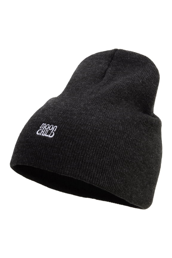 Moon Child Embroidered 8 inch Acrylic Short Blank Beanie - Charcoal OSFM