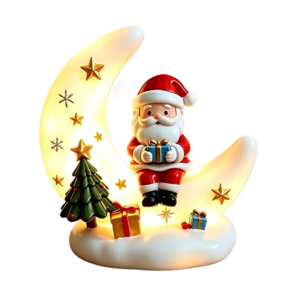 Moon Christmas Elf Lighted Ribbon Resin Santa Scene with Glowing Crescent Moon LED Warm Glow Hand Painted Holiday Tabletop Decor Gift