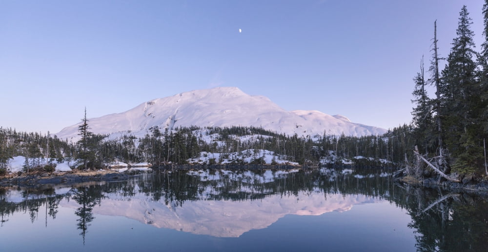 Moon over Chugach mountains and Kings Bay Prince William Sound Whittier Southcentral Alaska USA Winter Canvas Art - Kevin Smith Design Pics (42 x 22)