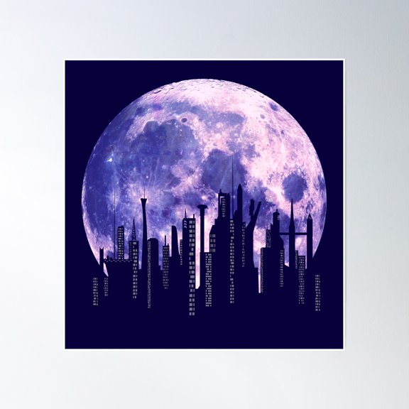 Moon City - Surreal Urban Landscape Poster Wall Art, Modern Wall Decor, 16x16 UNFRAMED