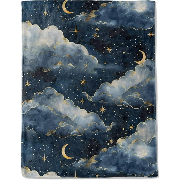 Moon and Cloud Flannel Blanket - Lightweight Soft Cozy Unique Gifts Blankets for Kids Women,Elegant Starry Night Sky Throw,Home Room Modern Dreamy Decor 60x80in