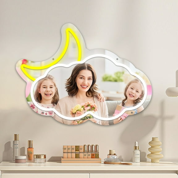 Moon Cloud Mirror with Light Neon Signs for Locker Room Living Room Girl's Bedroom, Cute Acrylic Mirror with Dimmable for Girl Gifts, Cloud Wall Mirror