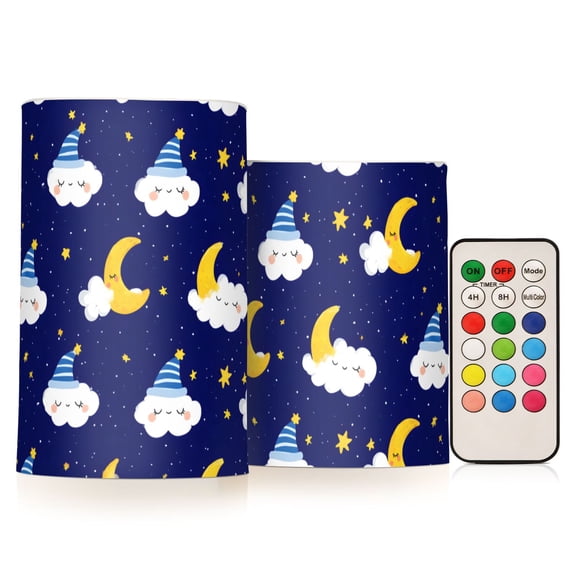 Moon Cloud Pattern Flameless LED Candle Set with Remote, Battery Operated Color Changing Pillar Candles, Set of 2