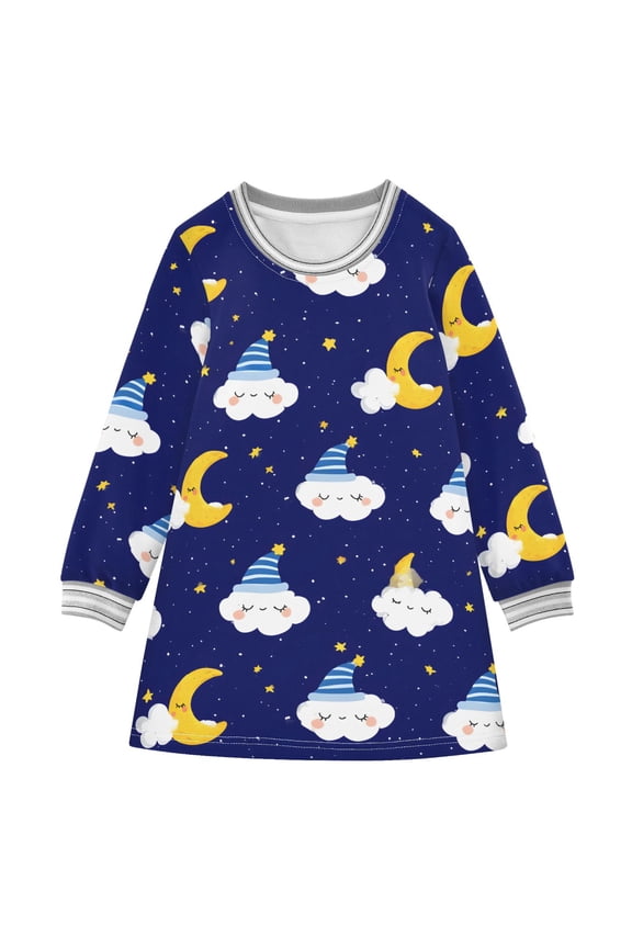 Moon Cloud Pattern Girls'long-sleeved dress Thickened A-dress Warm Dress Basic Shirt Party Dresses