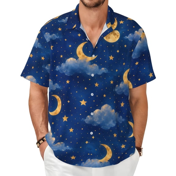 Moon Cloud Stars Men's Shirts Short-Sleeved with All-Over Prints Button-Up Shirts