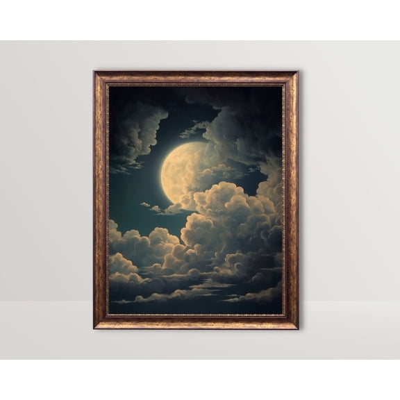 Moon And Clouds, Antique Celestial Wall Art, Moody Night Sky, Dark Academia Poster, Vintage Cloud Moon Art Decor, Witchy Aesthetic17, Unframed Poster Size 12x18