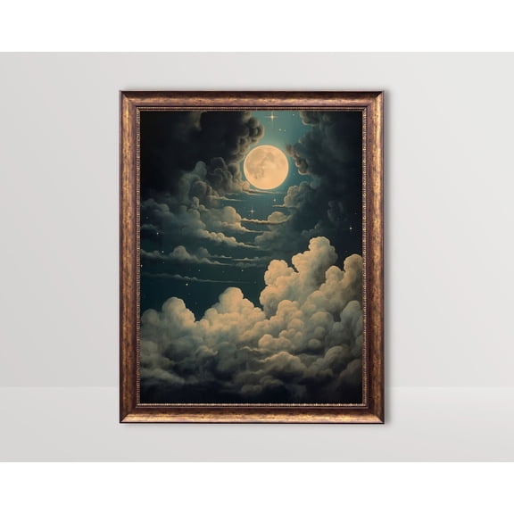 Moon And Clouds, Vintage Celestial Wall Art, Moody Night Sky, Dark Academia Poster, Moon And Stars Wall Decor, Witchy Aesthetic2, Unframed Poster Size 12x18
