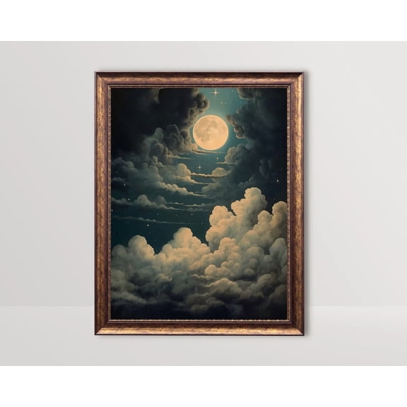Moon And Clouds, Vintage Celestial Wall Art, Moody Night Sky, Dark Academia Poster, Moon And Stars, Witchy Aesthetic UNFRAMED Poster, Wall Art for Decor, Present, 8x12