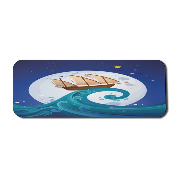 Moon Computer Mouse Pad, Old Ship with Tempest Riding the Waves Full Moon and Stars Marine Cartoon Style, Rectangle Non-Slip Rubber Mousepad Large, 31" x 12", Blue Brown White, by Ambesonne