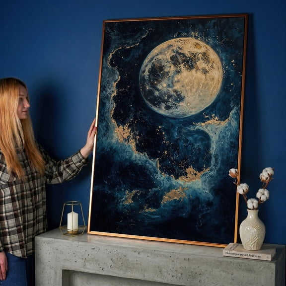 Moon Cosmic Sky Celestial Blue Gold Bedroom Living Room Celestial Decor Wall Art Unframed Paper Print