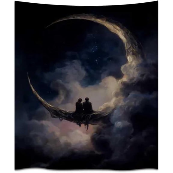 Moon Couple Sitting Aesthetic Tapestry Wall Hanging Romantic Night Sky Art Print Dreamy Celestial Tapestry for Bedroom Home Decor Living Room Dorm Office Tapestries (TG1HF-43,30L x 40W)