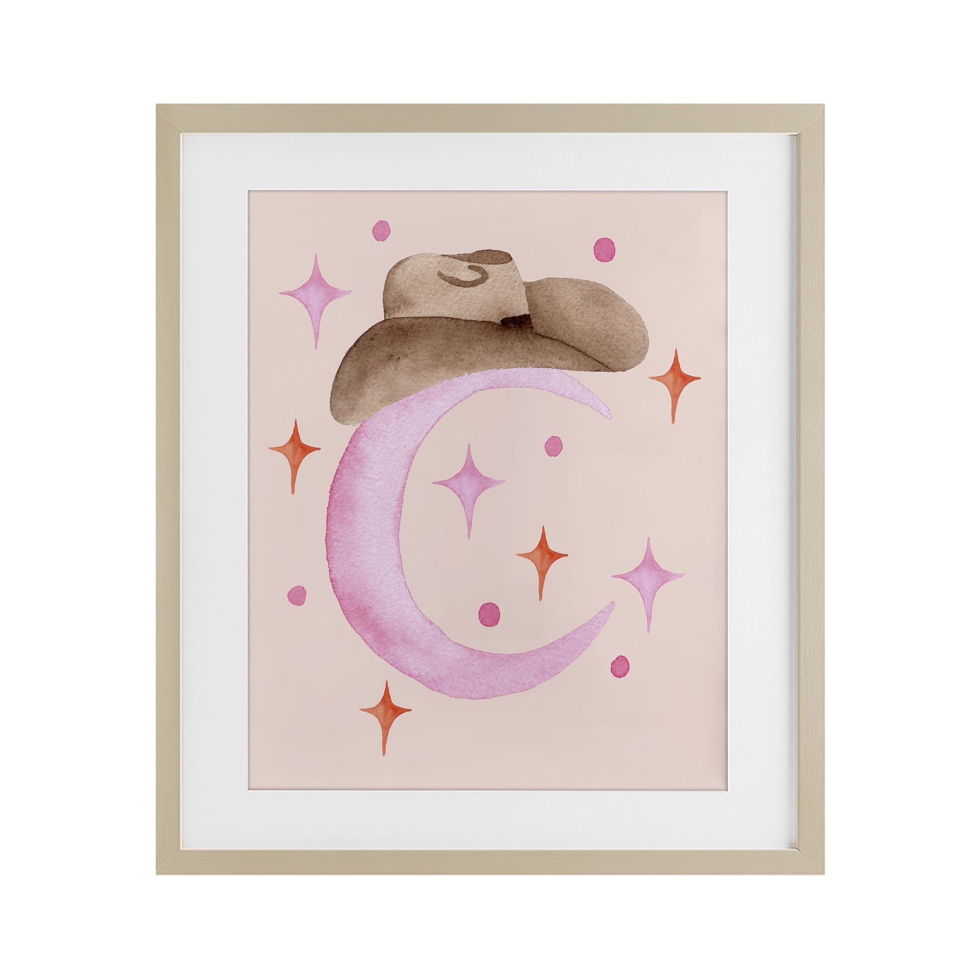 Moon Cowgirl Hat Birch Framed Print Under Glass, design by Nina Jacobs