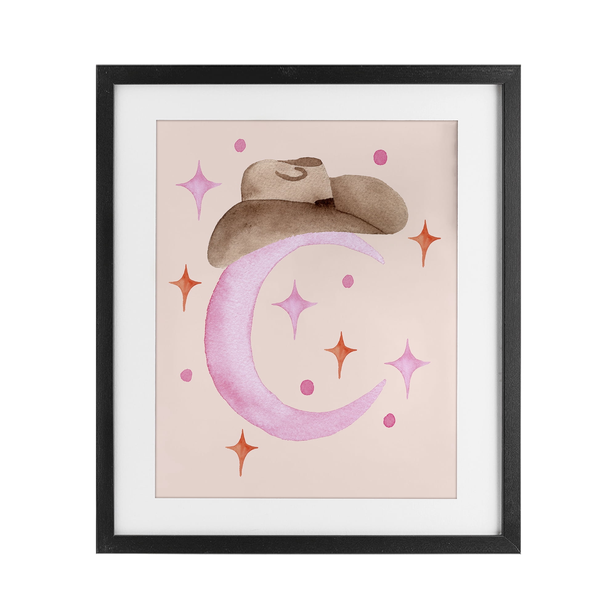 Moon Cowgirl Hat Black Framed Print Under Glass, design by Nina Jacobs