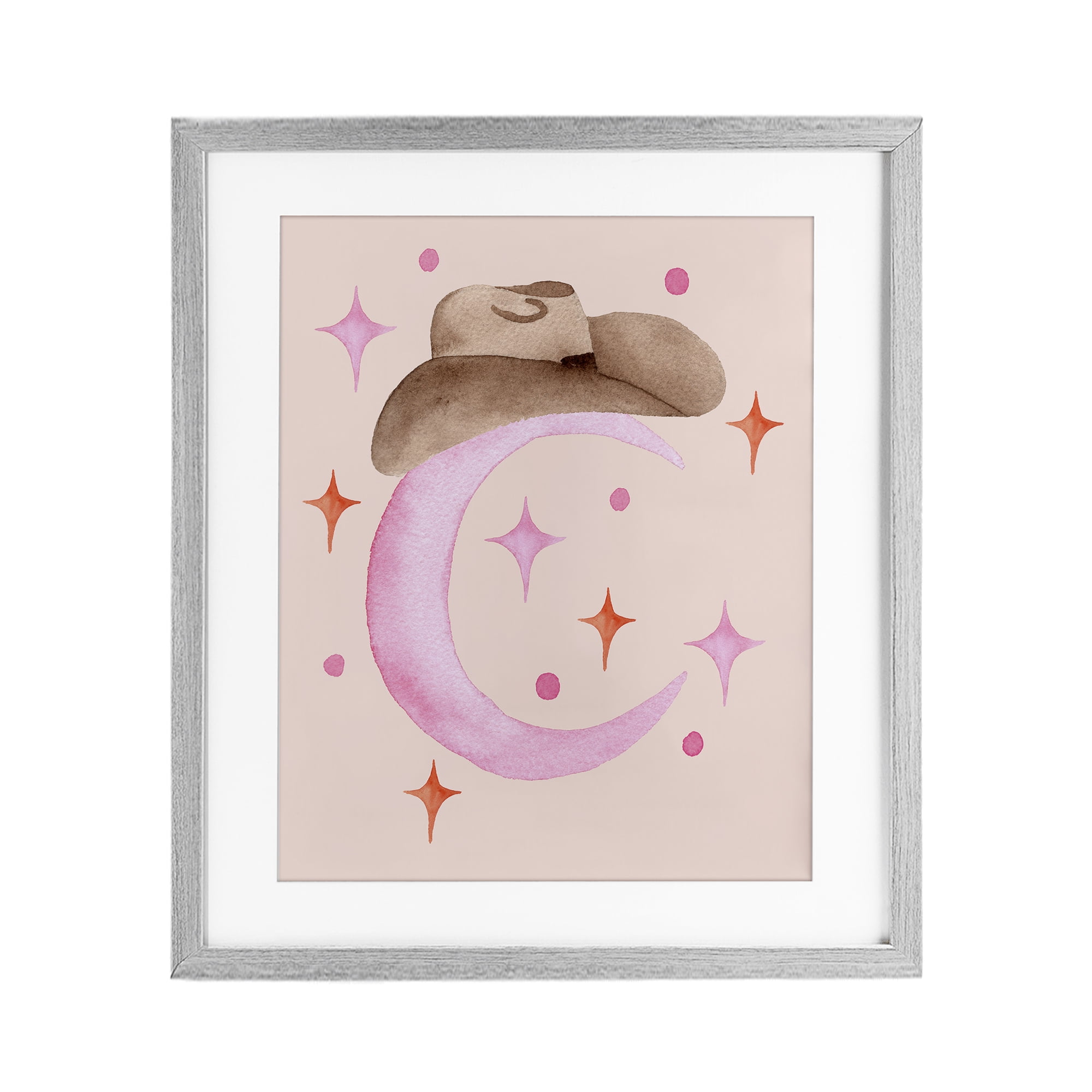 Moon Cowgirl Hat Gray Framed Print Under Glass, design by Nina Jacobs