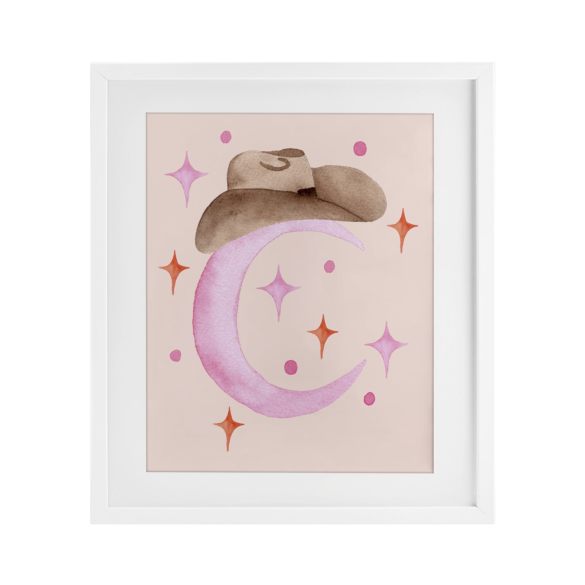 Moon Cowgirl Hat White Framed Print Under Glass, design by Nina Jacobs