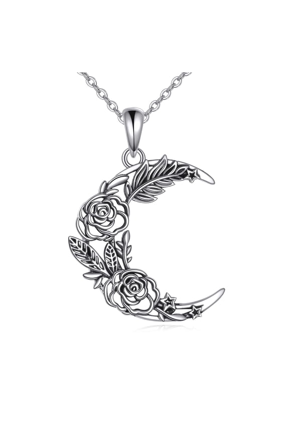 Moon Crescent Shape Rose Flower Necklace 925 Sterling Silver Birth Month Jewelry Mothers Day Gifts Gifts for Women Wife (Moon Rose Necklace)