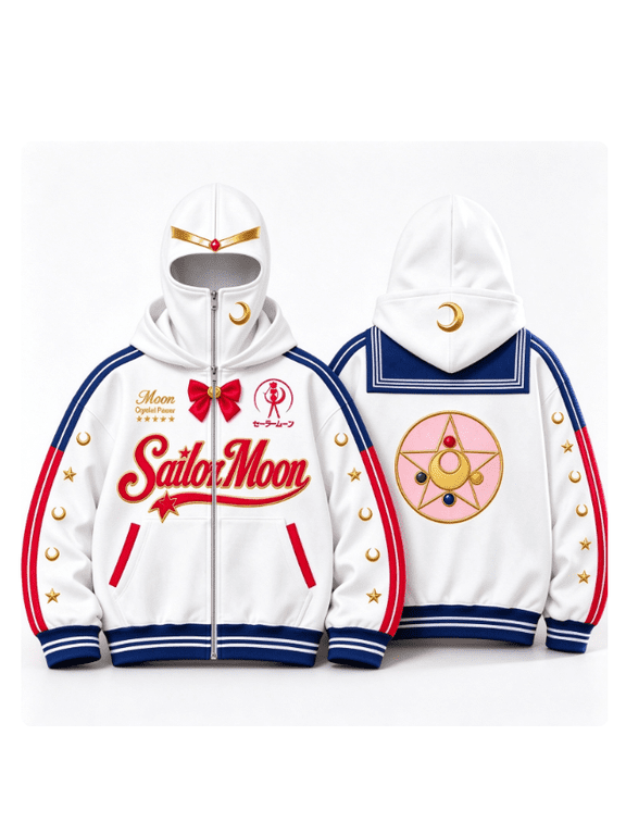 Moon Crystal Power Full Zip Mask Hoodie, Retro Sailor Style Zip Up Hoodie for Anime Fans, Windproof Warm Jackets Women Casual Hooded Coat